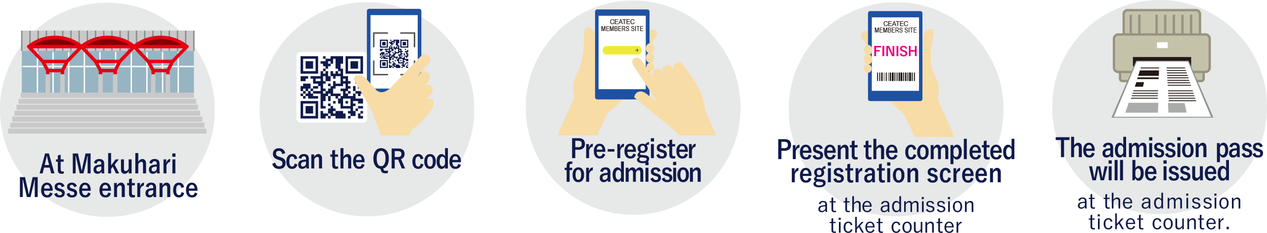 Access from your smartphone while on the train or bus → Scan the QR code → Pre-register for admission → Present the completed registration screen at the admission ticket counter → The admission pass will be issued at the admission ticket counter