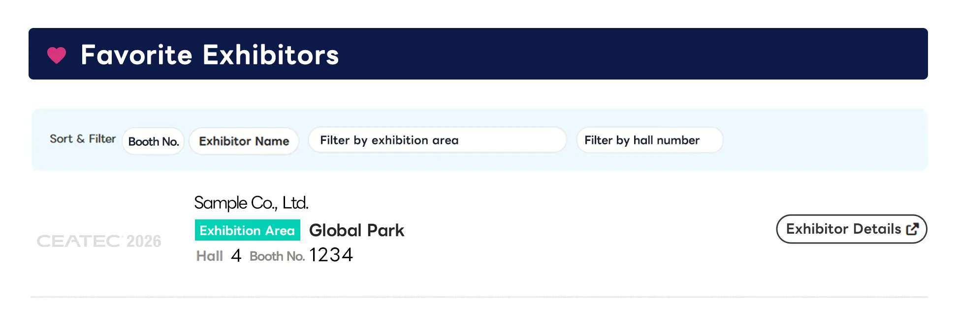 My Page Favorite Exhibitors list screen